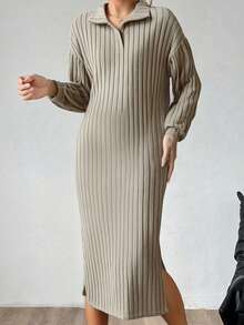 Women Autumn Solid Color Dress Long Sleeve Turn Down Collar Side Split Ribbed Dress - Khaki - View 4