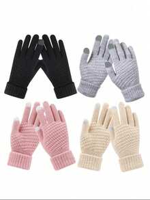 4 双女士冬季触屏手套，透气羊毛衬里针织手套，带弹性袖口，温暖方便，适合秋季发短信 - 彩色 - 查看 10