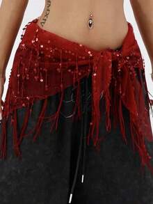 Women Belly Dance Sequin Tassel Hip Scarf Triangle Belt Wrap Skirts Music Festival Sheer Mesh Waist Chain - 紅色 - 查看 1