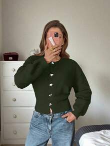 FOR BEAUTY 女士新款春季苔藓绿开衫，简约休闲优雅风格，圆领长袖罗纹心形纽扣，学院风针织上衣，非常适合新年和情人节。 - 深鹹菜 - 查看 6