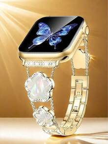 1pc Compatible With Apple Watch Band Watch Strap Women, Black Five Leaf Clover Diamond Golden Copper Strap, Summer Flowers Metal Bracelet,Compatible With Apple Watch 38/40/41/42/44/45/46/49 Mm, Compatible With Apple Watches Series Ultra3/2/1/Se/10/9/8/7/6/5 4/3/2/1, Ms Old Money Wind High Fashion Accessories - bạch kim - Xem 1
