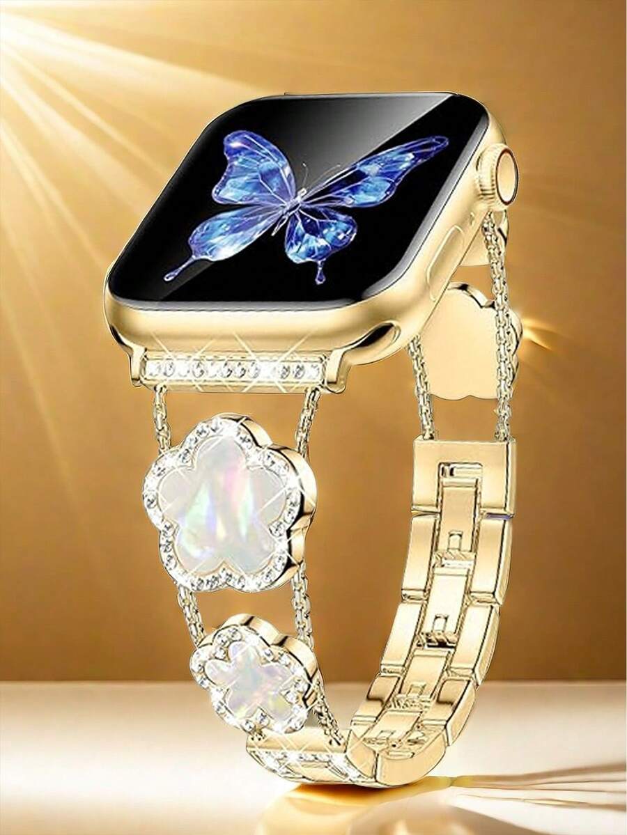 1pc Compatible With Apple Watch Band Watch Strap Women, Black Five Leaf Clover Diamond Golden Copper Strap, Summer Flowers Metal Bracelet,Compatible With Apple Watch 38/40/41/42/44/45/46/49 Mm, Compatible With Apple Watches Series Ultra3/2/1/Se/10/9/8/7/6/5 4/3/2/1, Ms Old Money Wind High Fashion Accessories - bạch kim - Xem 1