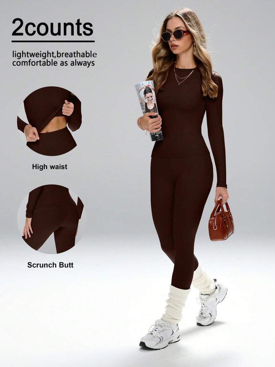 FWH Slim Fit, Versatile Design - Classic Round Neck + Fitted Long Sleeve, Waist Belt, Matching Set, #Sports & Casual Essential #Fitness & Street, High Waist Sports Set, Tummy Control Yoga Outfit, Shaping Activewear, Slim High Waist Yoga Set With Tummy Control, Women's Essential 2-Piece Sports Set - Brown - View 1