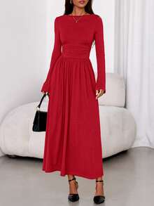 Women Fall Bell Long Sleeve Boat Neck Ruched Flowy Maxi Dresses Autumn Elegant Formal Wedding Guest Evening Dress Outfits - 紅色 - 查看 6