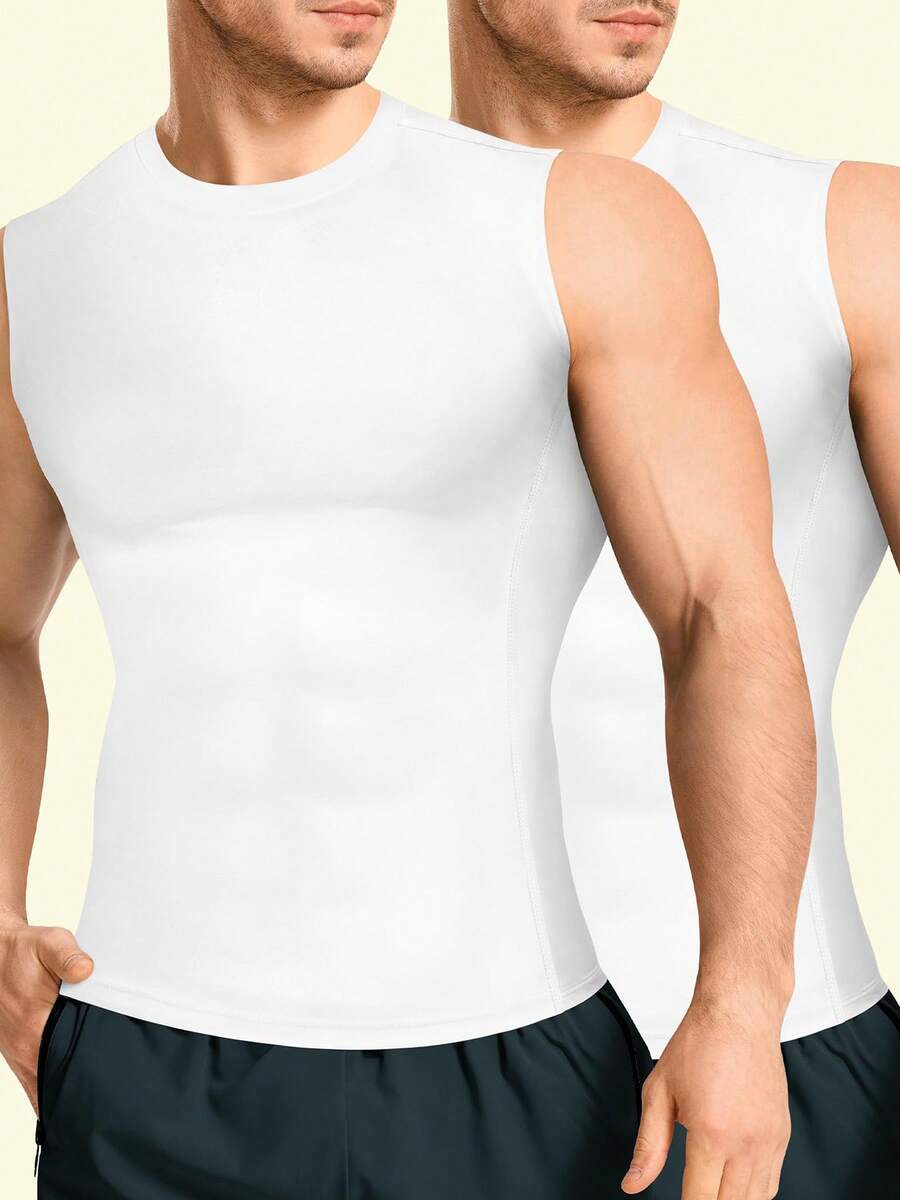 TAILONG 2 Pack Compression Shirt Men - Athletic Base Layer Sleeveless Workout Tank Top Slimming Undershirt - 白色 - 查看 1