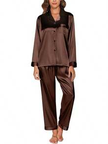Garqitwan Pijama para Mujer, Conjunto de Pijamas de Mujer con Manga Larga de satén, Pijamas Finos y Cómodos Sleepwear S-XXL - Marrón - Ver 13