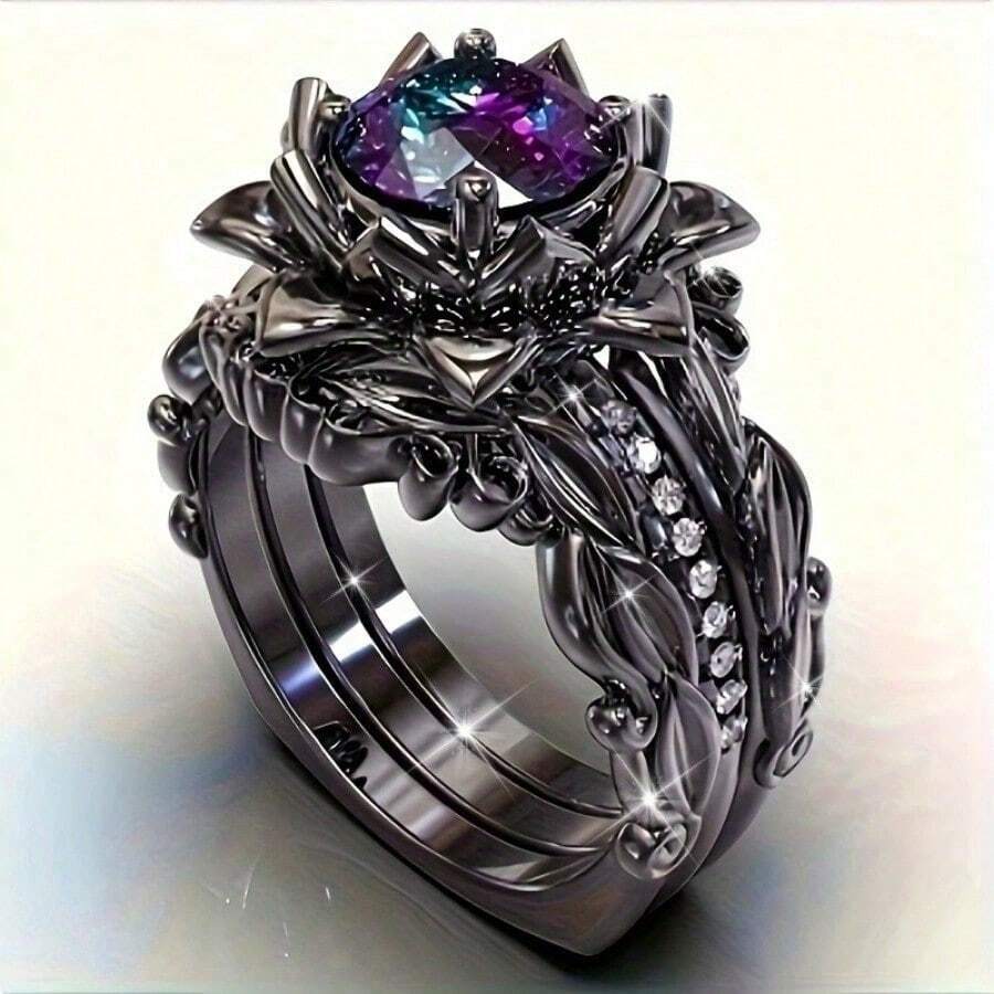 Elegant Three-Piece Black Lotus Ring Set With Rainbow-Colored Synthetic Zirconia - Perfect For Weddings, Engagements, Anniversaries And Parties - 10 - 查看 1