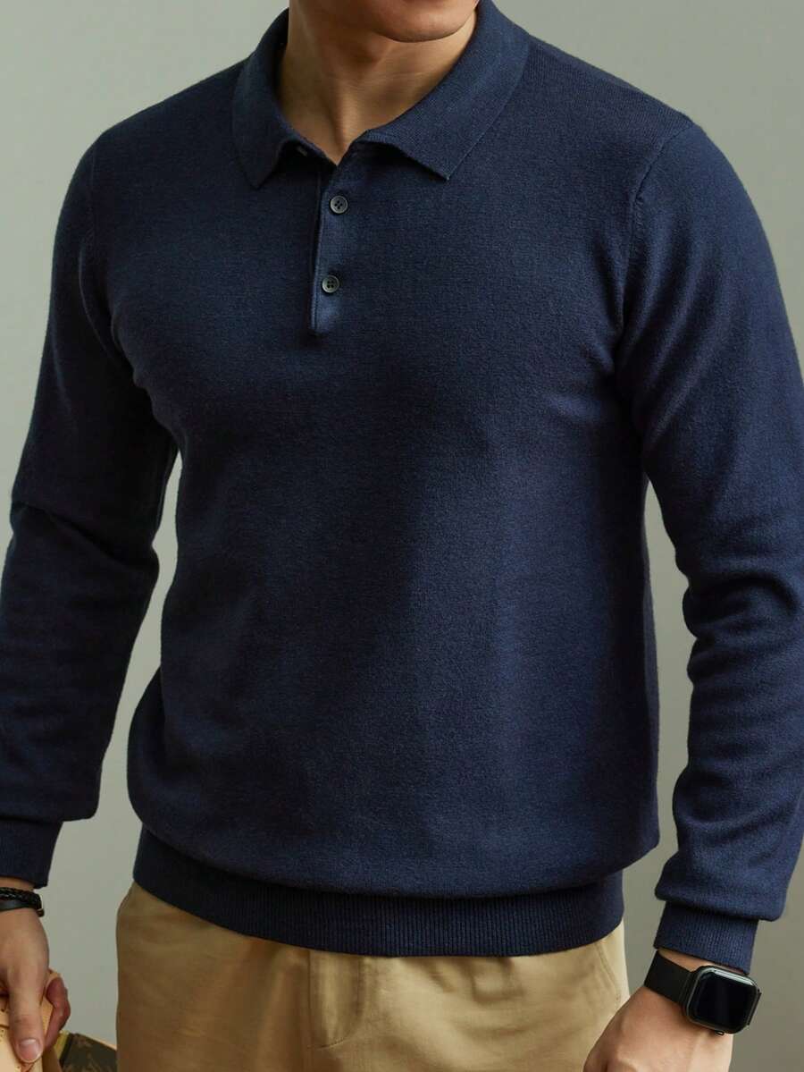 ALTZTAR 男士纯色长袖针织 Polo 衫，秋冬季休闲款 - 藏蓝色 - 查看 1