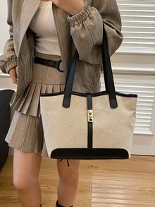 European And American Cross-Border Personalized Linen Color Block Large Capacity Tote Bag, Women New Fashion Color Block Shoulder Handbag, Casual Versatile Large Capacity Bucket Bag - Black - View 3