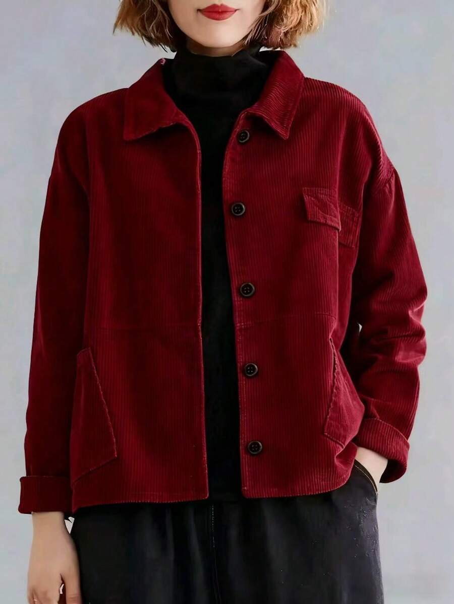 Plus Size Women Corduroy Solid Color Long Sleeve Jacket, Fashionable Drop Shoulder Design, Casual, Commute, Suitable For All Seasons - Burgundy - View 1