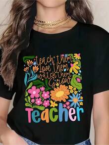 Retro Teacher T-Shirt, Boho Floral Teacher T-Shirt, Teacher Gift T-Shirt, Teacher T-Shirt, Teacher Appreciation T-Shirt, Custom Teacher T-Shirt, Hand Drawn - 黑色 - 查看 1