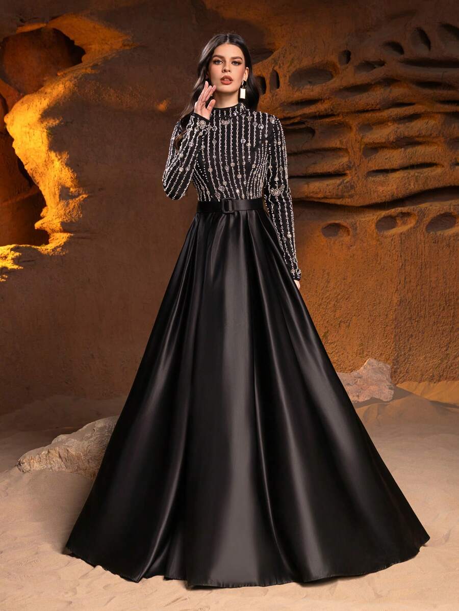 Faeriesty Elegant Party Dress, Stand Collar, Long Sleeve, A-Line Skirt - Formal Evening Gown, Perfect For Black Tie Galas, Wedding Receptions, High-End Charity Balls, Red Carpet Awards, And Luxury Formal Dinners.