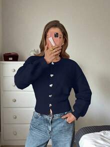 FOR BEAUTY Women's New Spring Solid Color Cardigan, Minimalist Casual Elegant Style, Round Neck Long Sleeve Ribbed Trim, Decorated With Heart Buttons, Collegiate Knit Top, Great For New Year And Valentine's Day - Moonlit Night - View 7