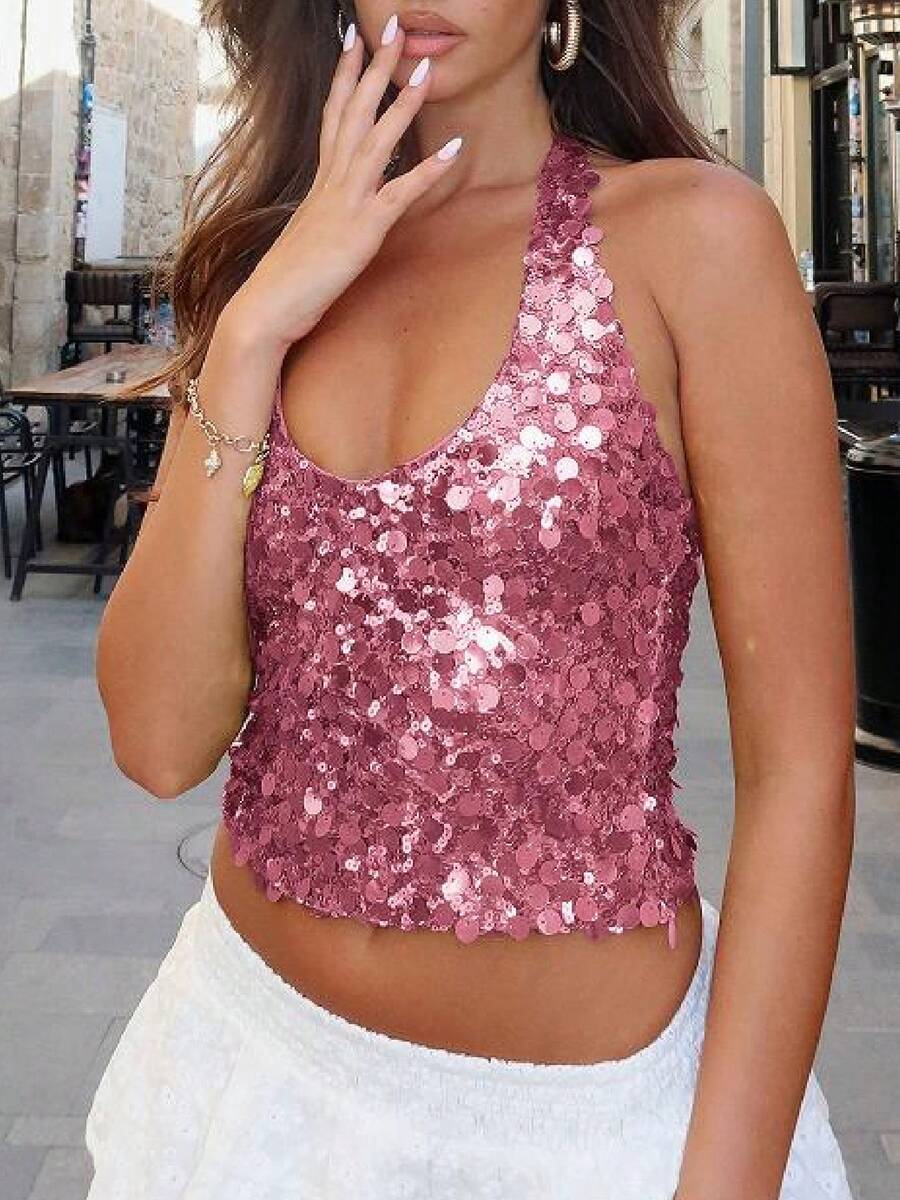 Women's Sequin Top Glitter Sleeveless Top Summer Sarkly Loose Party Club Vest  Waistcoat - 粉色 - 查看 1