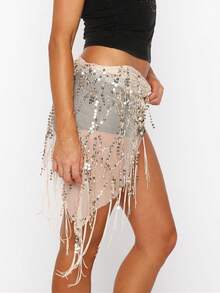 Women Belly Dance Sequin Tassel Hip Scarf Triangle Belt Wrap Skirts Music Festival Sheer Mesh Waist Chain - 金色 - 查看 2