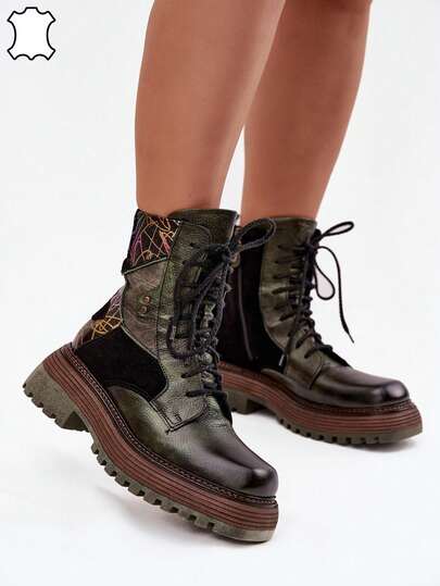 Botas de tobillo de plataforma para mujer Maciejka 07104-09, natural, con aislamiento y cordones, color verde