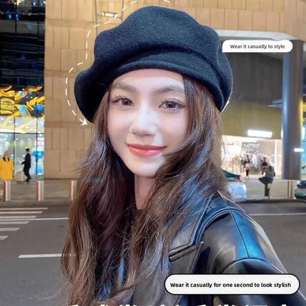 1 pieza Boina de borde ancho tejida de algodón, sombrero de calabaza tejido versátil coreano, sombrero de invierno cálido de pintor japonés