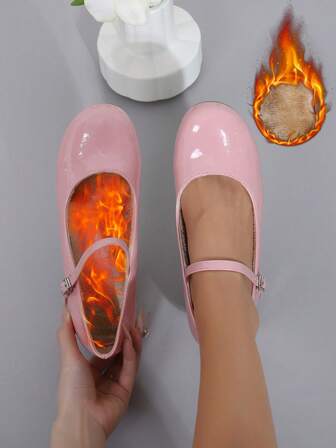 秋冬新款晚礼服高跟鞋女款亮面漆皮粗跟圆头白色高跟鞋。脚背系带扣玛丽珍鞋，舒适室内外派对平底鞋，棕色豹纹