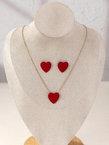 1 Pc Women's Fashionable Red Heart Pendant Necklace, 1 Pair Women's Fashionable Red Heart Stud Earrings - 紅色 - 查看 5
