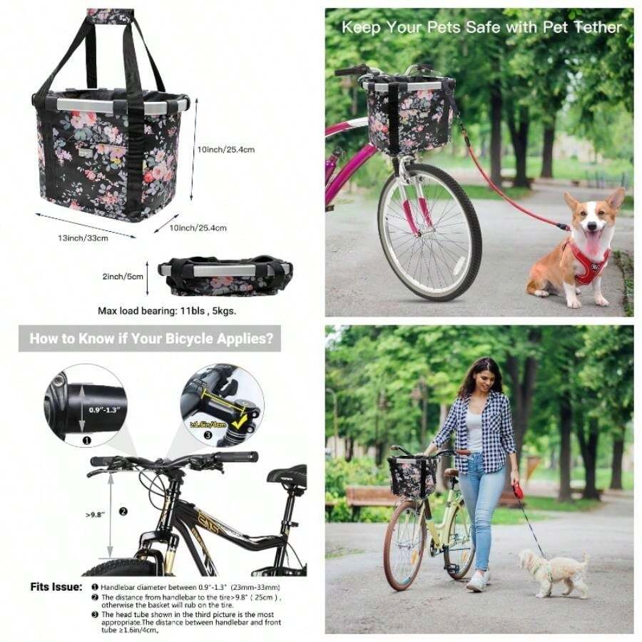 - Cesta para manubrio de bicicleta para perros, plegable, desmontable, de liberacin rpida, fcil de instalar, bolsa de ciclismo y picnic - Flor rosa - Ver 1