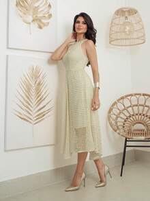 Women's Lace Knit Midi Dress With Pearl Buttons, Elegant Crochet Dress For The Beach, New Year's Eve, White - 離開 - 查看 2