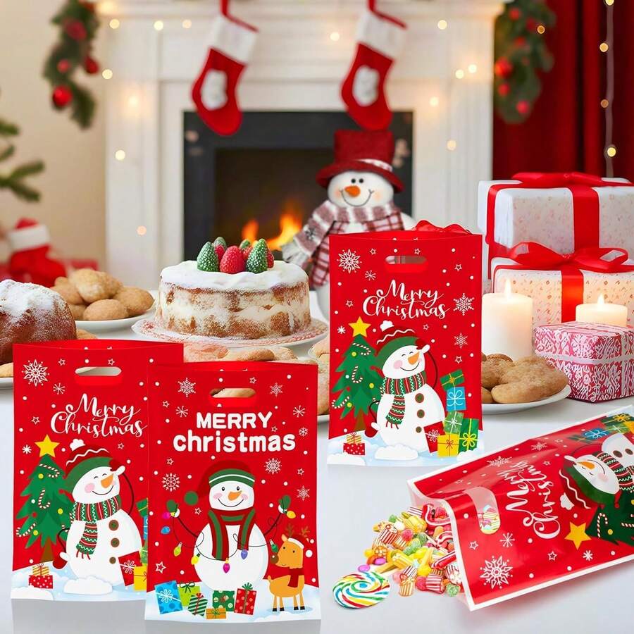 10/25/50 PCS Merry Christmas Goodie Bags Christmas Snowman Plastic Gift Bag With Handle Xmas Cute Double-Sided Printed Treat Candy Bags Xmas Theme Red Party Favor Bag For Winter Holiday Party Supplies - Multicolor - View 1