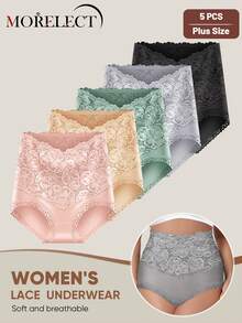 Morelect 5pcs/Pack Plus Size Women High Waist Tummy Control Cotton Panties, Lace Patchwork, Full Coverage, Jacquard Pattern - Multicolor - View 5