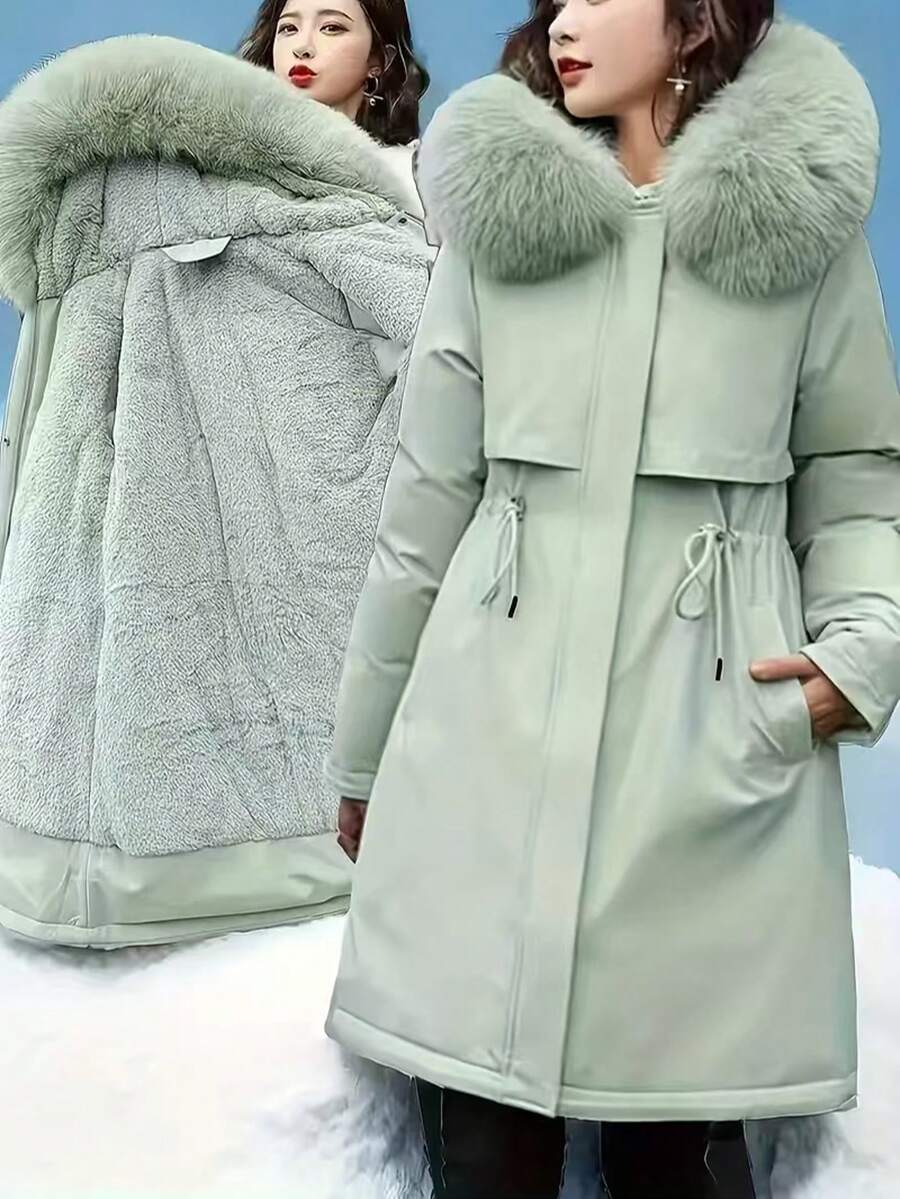 2025冬季新款女士夹棉大衣欧美中长款大毛领保暖内衬派克大衣时尚度假外套 - 綠色 - 查看 1