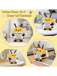 1pc Handmade Crocheted Bee Hanging Decor With Positive Motivational Quote, Suitable As A Small Gift For Friends And Family, Great For Placing In Living Room, Study Or As A Birthday Present - Multicolor - View 5