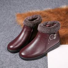 Soft Sole Winter Leather Shoes, Comfortable Non- Middle-Aged & Elderly Women's Thermal-Lined Thick Warm Flat Ankle Boots - Burgundy - View 8