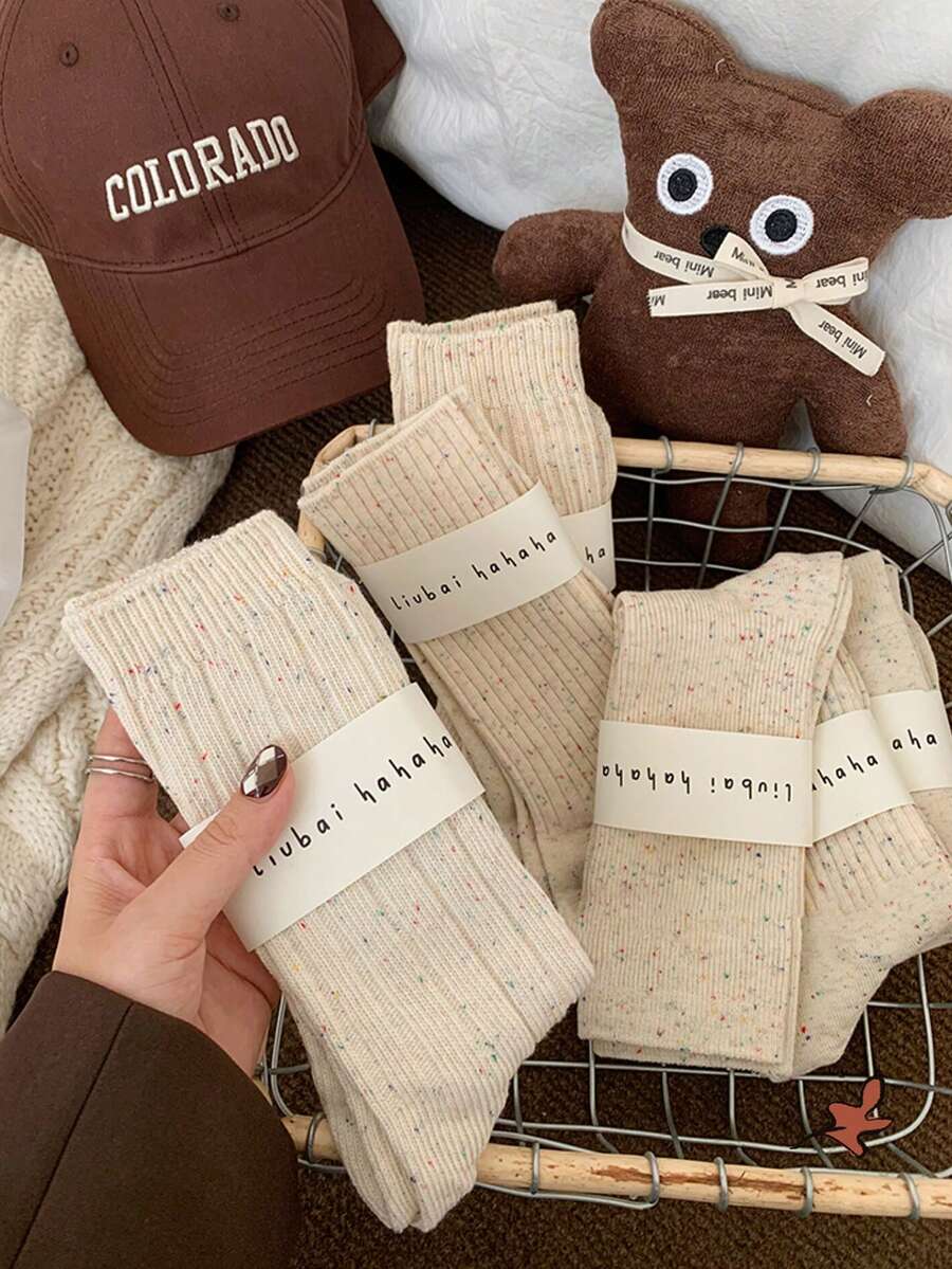 2 Paar Damen Punkte Garn Socken, einfach und lässig, Mittelhoch Socken, Crew Socken, dick & warm & weich & bequem, weiße Socken, Bodensocken in Zufallsfarben, geeignet für den täglichen Gebrauch und Ausflüge, für Herbst & Winter