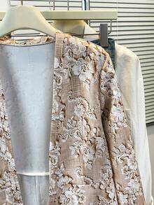 Women's 3D Floral Embossed Jacket, All-Over Bloom Print Open Front Coat With Long Sleeves, Elegant Casual Outerwear For Fall Winter Spring - Apricot - View 4
