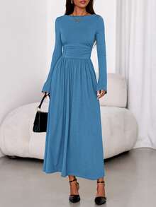 Women Fall Bell Long Sleeve Boat Neck Ruched Flowy Maxi Dresses Autumn Elegant Formal Wedding Guest Evening Dress Outfits - 藍色 - 查看 6