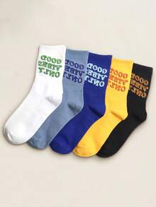 5双字母印花透气吸汗中筒袜，时尚运动风，春秋季 - 彩色 - 查看 2