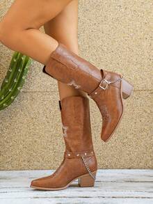 Vintage Star Embroidered Western High Heel Pointed Toe Knee-High Riding Boots For Women - Brown - View 5