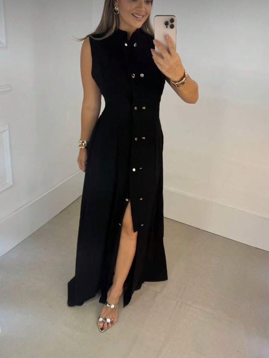 Long Formal Dress Slit Party Wedding Buttons Pocket High Collar Sensorial Tailoring Marrant Fashion Blogger - 黑色 - 查看 1