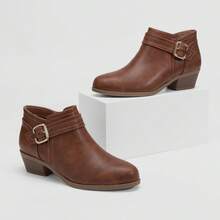 Athlefit Christmas Gift Womens Chunky Low Block Heel Ankle Boots Classic Buckle Strap And Side Zipper Chic Cozy Holiday Booties - 棕色 - 查看 1