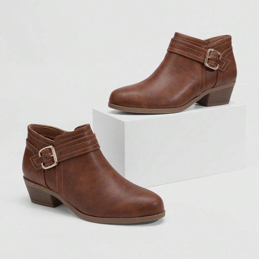 Athlefit Christmas Gift Womens Chunky Low Block Heel Ankle Boots Classic Buckle Strap And Side Zipper Chic Cozy Holiday Booties - 棕色 - 查看 1