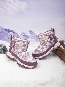 1双儿童雪地靴，保暖内衬，低帮设计，迷彩图案，适合冬季户外寒冷天气 - 紫色 - 查看 5