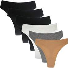 High Waisted Cotton Thongs For Women, Breathable Plus Size Multipack - 黑色*3 白色*2 裸色*1 灰色*1 - 查看 12