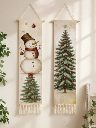 1 pieza Tapiz colgante de pared navideño, con diseño de muñeco de nieve y árbol de Navidad, decoración roja, estilo vintage, de tela de algodón, decoración navideña para el hogar, decoración navideña para la sala de estar, bandera navideña, tapiz navideño con flecos, decoración de invierno, arte de pared estacional