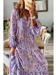 女士优雅印花长连衣裙，褶裥长裙设计，适合约会、日常穿着、旅行，纽扣下摆，长袖，通体印花，修身剪裁 - 紫色 - 查看 6