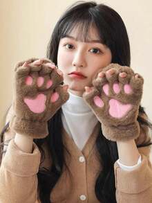 一双可爱猫爪露指手套，加厚保暖防寒毛绒手套，适合冬季女孩日常佩戴，带绳子 - 彩色 - 查看 1