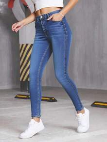 Pantalon mezclilla jeans dama mujer femenino moderno juvenil casual dia noche moderno juvenil sexy trabajo femenina tiro alto cintura alta oficina trabajo entubado skinny ajustado surprise jeans - Azul - Ver 3