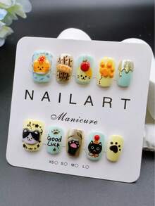 10pcs Handmade Nail Art Set, Multi-Color, Short Trapezoid Shape, Beautiful, Fragrance Style, French Pointed Nail, Press-On Nail, New Year Nail, Valentine's Nail, UV Nail, Summer Nail, Wearable Nail, Elegant Design, High-End French Style, Gel Polish, Glitter, Cat Eye Effect, Metallic Shine, Full Cover Fake Nail Tips, Filled With Various 3D Rhinestones And Nail Gems, Comes With 1 Tube Of Jelly Gel, 1 Nail File, And 1 Polishing Pad - Multicolor - View 2
