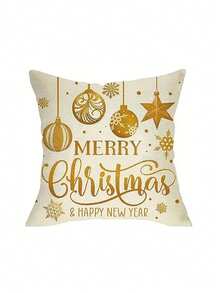 4 pièces Housses de coussin de Noël dorées avec motifs de sapin de Noël et flocons de neige - Décoration festive de Noël avec les textes "Merry Christmas" et "Laissez-le neiger", avec fermeture éclair, lavables en machine, parfaits pour le canapé, le divan ou le porche, décoration extérieure de la maison, décorations de Noël - Doré - Voir 7