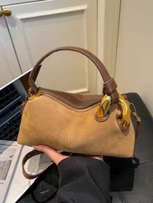 新款女士饺子手提包，纯色麂皮面料，高品质复古风格搭配金属装饰，适合外出、购物、约会等。 - 棕色 - 查看 5