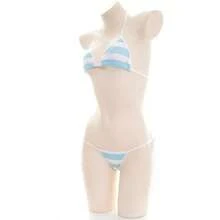 Womens Micro Tanning Bikini Kawaiii Japanese Cute Anime Lingerie Set Tiny Bra Thong Panty Bottom Extreme Swimsuit - 天藍 - 查看 6