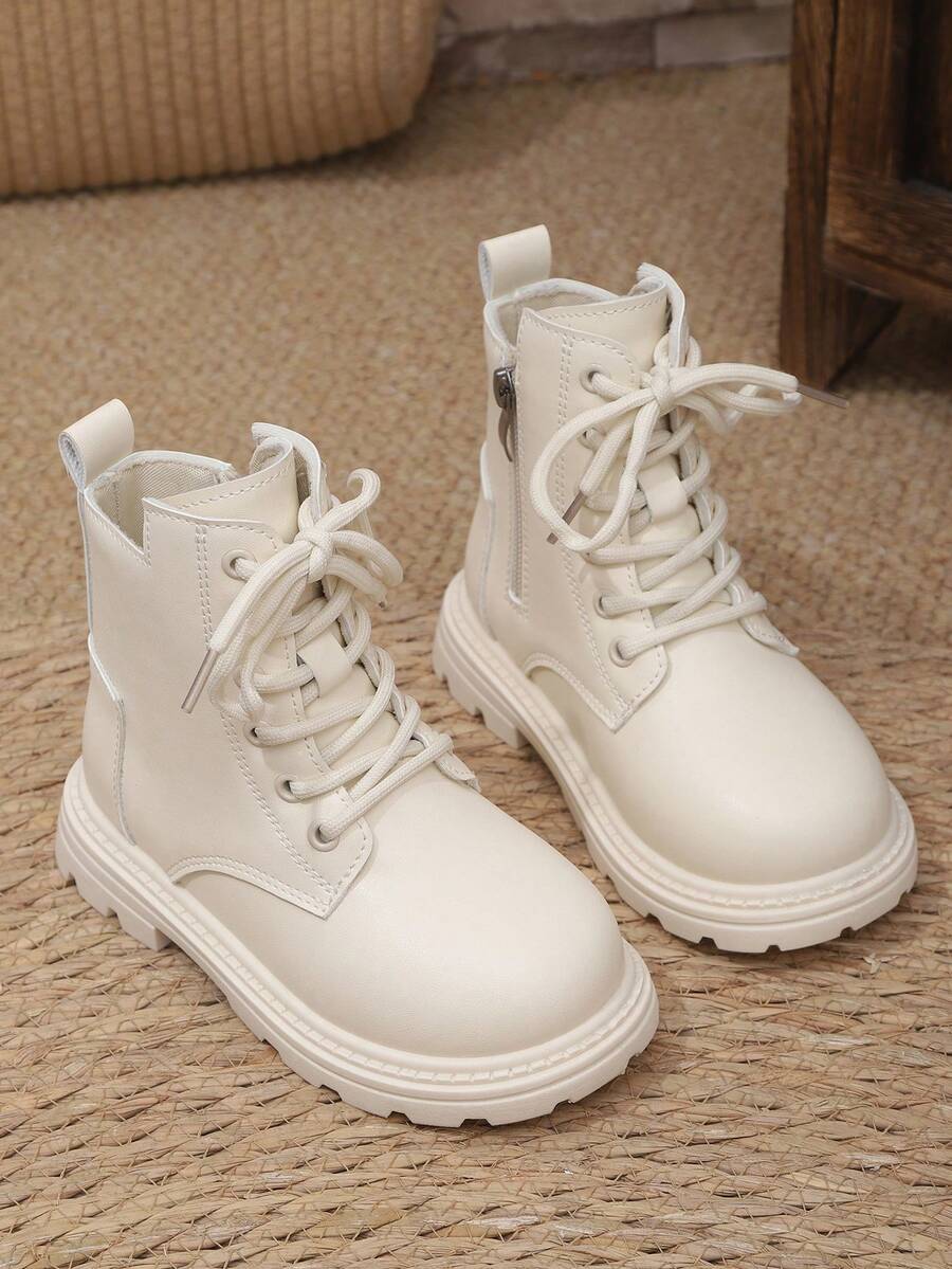 1 par de botas cortas para niños/niñas en color beige, de estilo Oxford, con suela gruesa y cálida, diseño de bloque de color y parche en estilo PU suave, cremallera lateral, puntera redonda, estilo princesa de media pantorrilla, adecuado para niños y niñas de 3 a 12 años, estilo casual elegante de academia, nueva llegada de otoño/invierno 2025