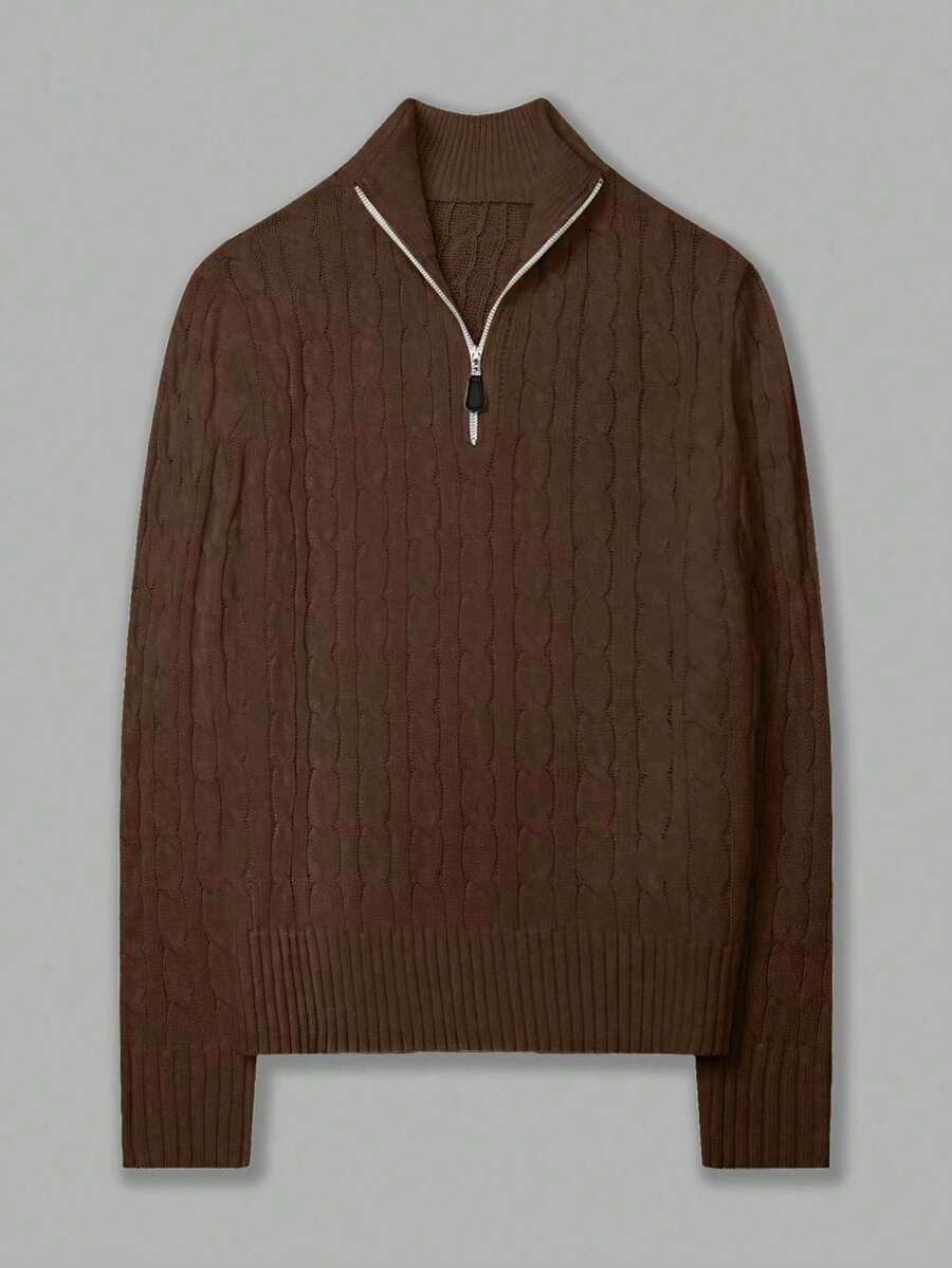 Men's Autumn/Winter Knitted Zip-Up Pullover Sweater With Twisted Rope Design, Casual Business Commute Versatile - Brown - View 1